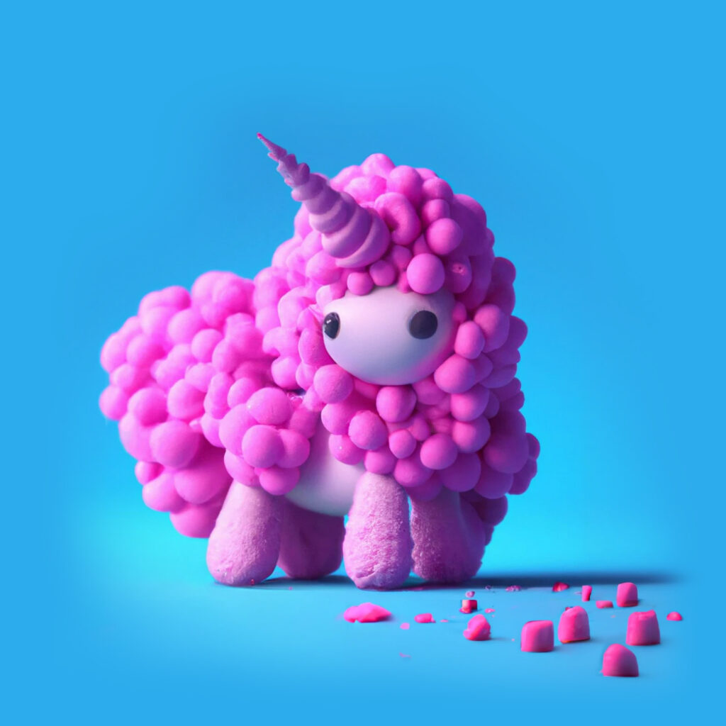 Roze unicorn op een blauwe achtergrond.